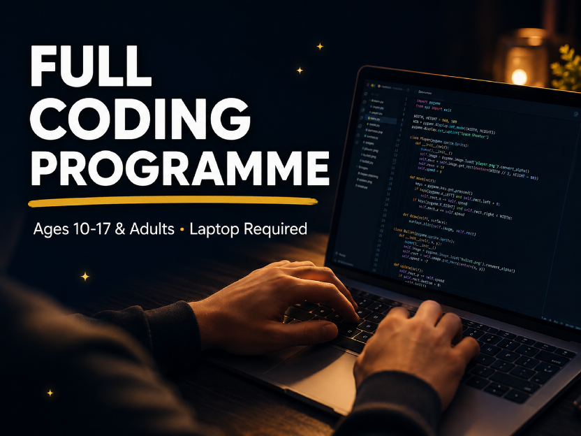 Full Coding Programme — hands typing on a laptop with a real Python code editor open on screen
