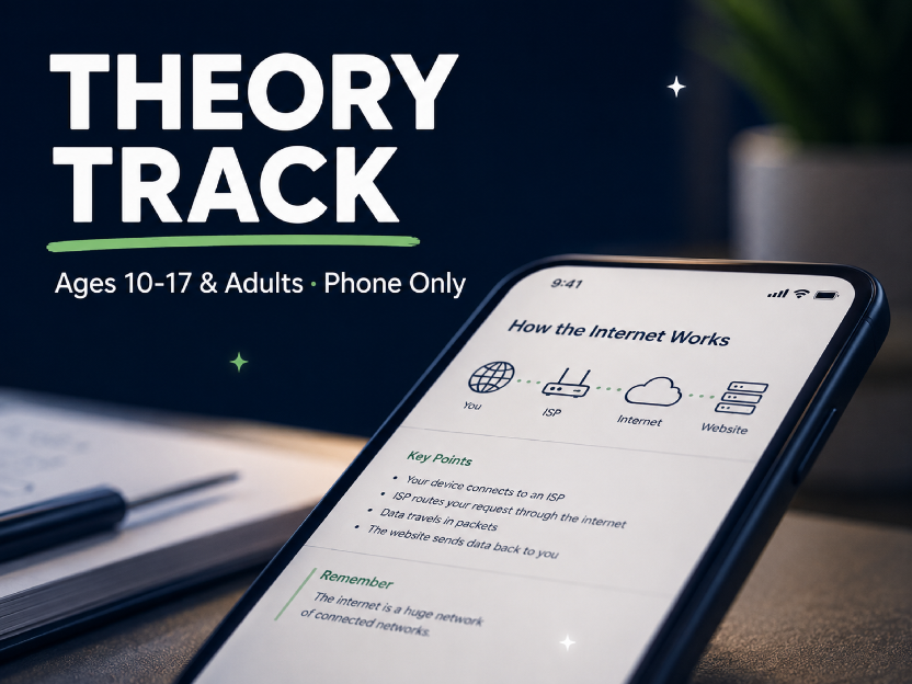 Theory Track — a phone displaying a lesson titled 'How the Internet Works' with a network diagram